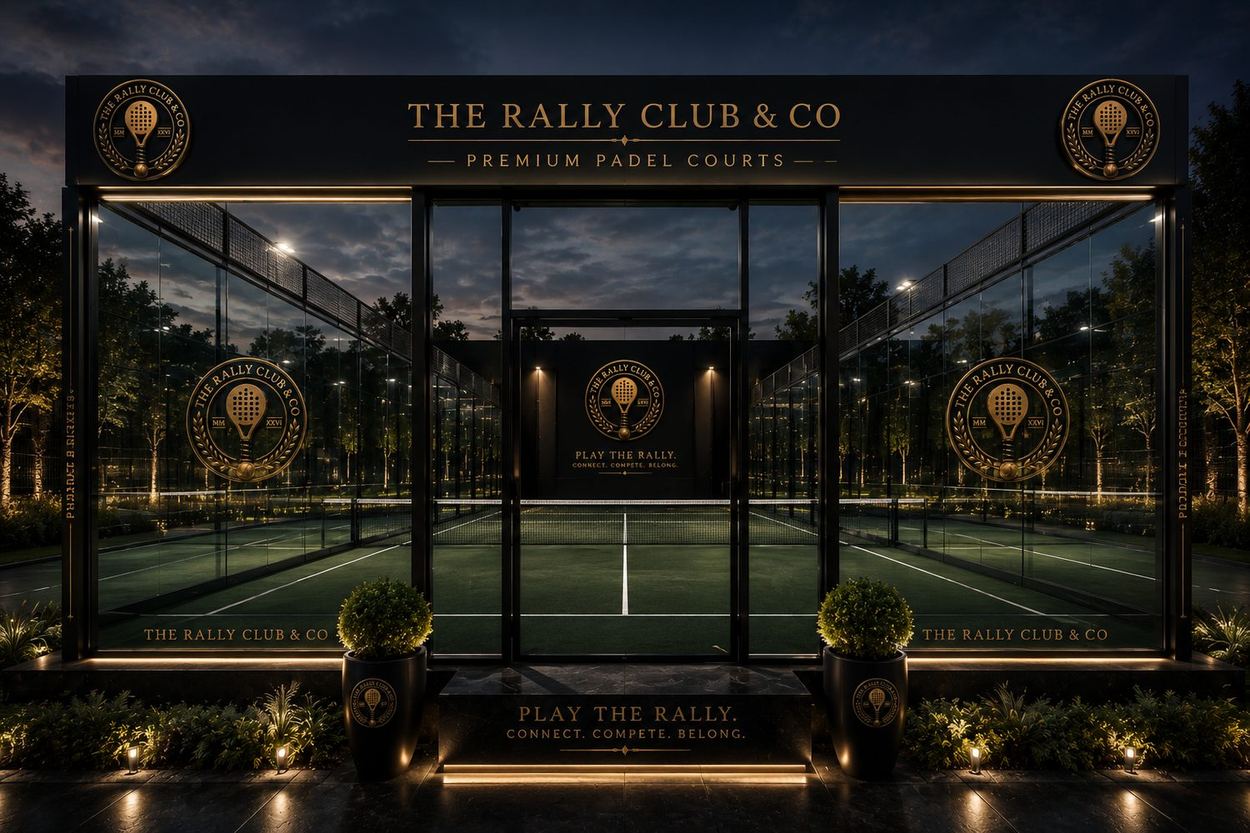 The Rally Club & Co glass padel court pavilion at dusk, crest above the entrance