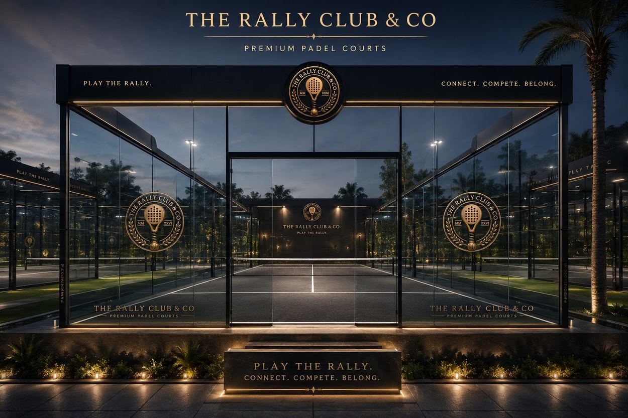 The Rally Club & Co illuminated glass padel court with crest signage