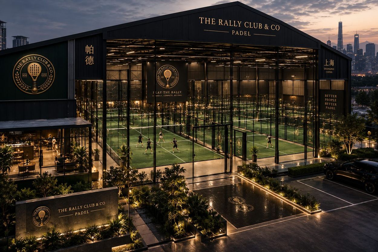 The Rally Club & Co flagship venue — multi-court glass pavilion with lounge and clubhouse at dusk